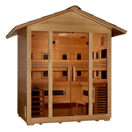 Gargellen 5 Person Hybrid (PureTech™ Full Spectrum IR or Traditional Stove) Outdoor Sauna – Canadian Hemlock (GDI-8125-01)