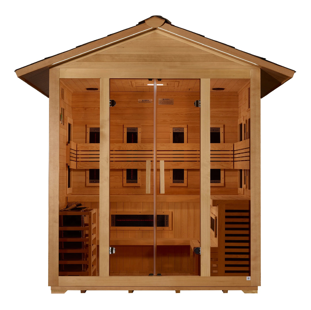 Gargellen 5 Person Hybrid (PureTech™ Full Spectrum IR or Traditional Stove) Outdoor Sauna – Canadian Hemlock (GDI-8125-01)