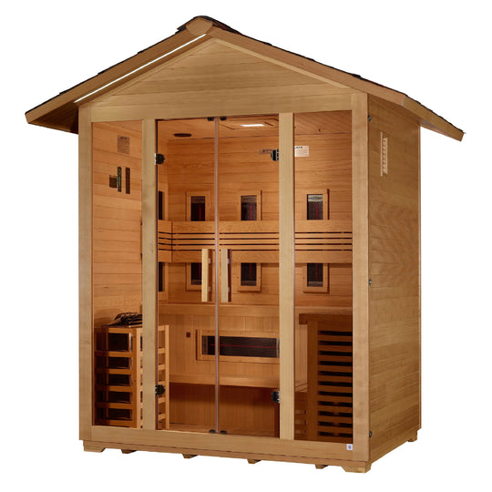 Gargellen 5 Person Hybrid (PureTech™ Full Spectrum IR or Traditional Stove) Outdoor Sauna – Canadian Hemlock (GDI-8125-01)