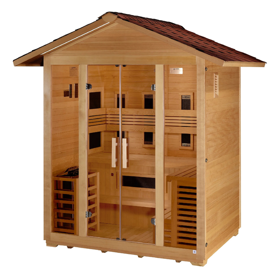 Gargellen 5 Person Hybrid (PureTech™ Full Spectrum IR or Traditional Stove) Outdoor Sauna – Canadian Hemlock (GDI-8125-01)