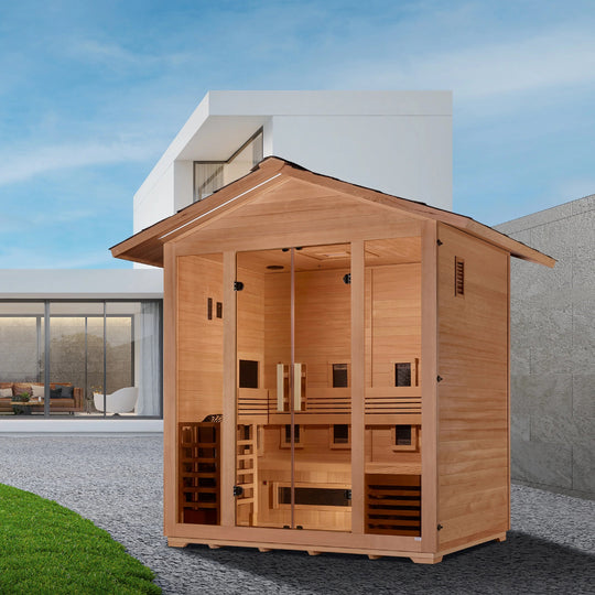 Gargellen 5 Person Hybrid (PureTech™ Full Spectrum IR or Traditional Stove) Outdoor Sauna – Canadian Hemlock (GDI-8125-01)