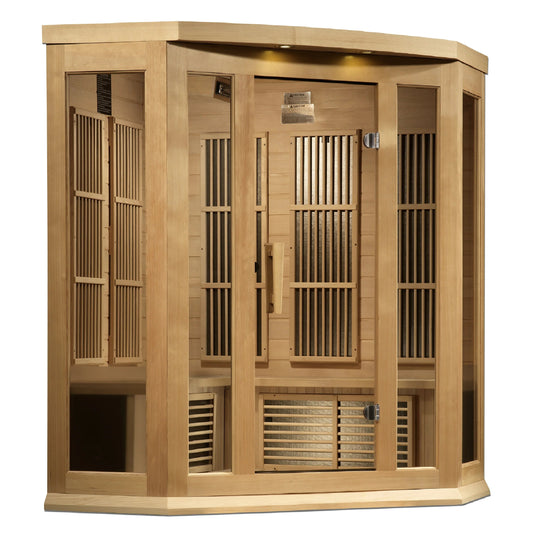 Maxxus 3 Person Corner Near Zero EMF FAR Infrared Sauna – Canadian Hemlock (MX-K356-01-ZF)
