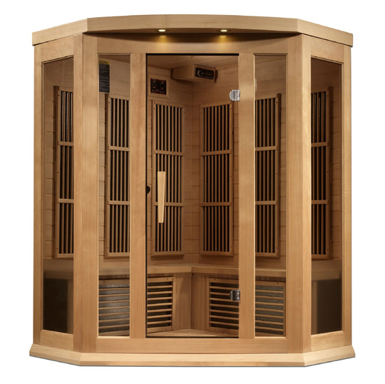 Maxxus 3 Person Corner Near Zero EMF FAR Infrared Sauna – Canadian Hemlock (MX-K356-01-ZF)