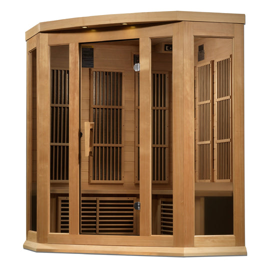 Maxxus 3 Person Corner Near Zero EMF FAR Infrared Sauna – Canadian Hemlock (MX-K356-01-ZF)