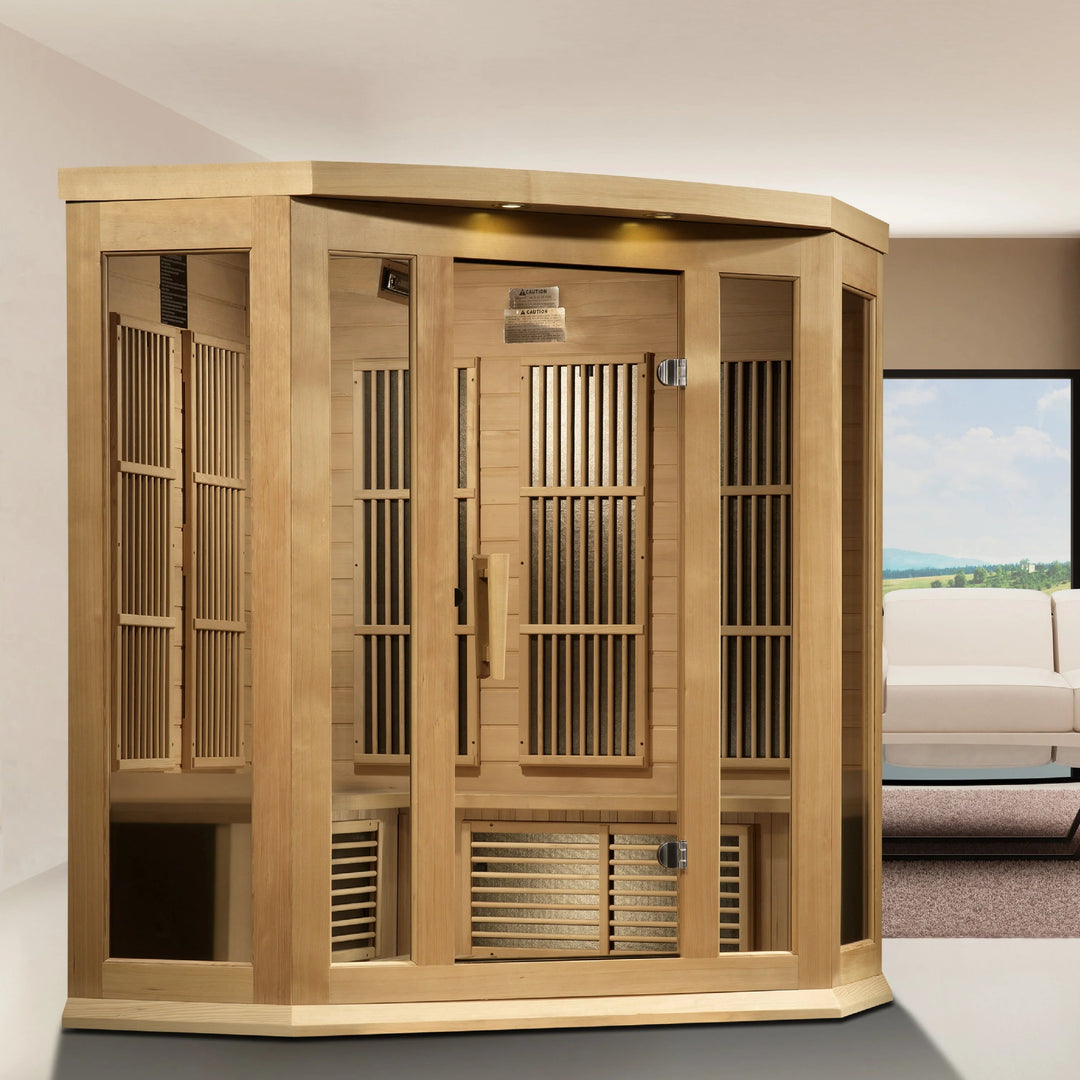 Maxxus 3 Person Corner Near Zero EMF FAR Infrared Sauna – Canadian Hemlock (MX-K356-01-ZF)
