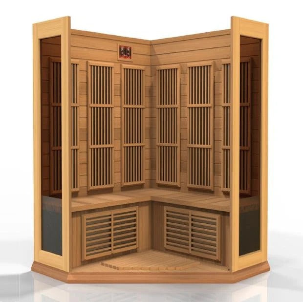 Maxxus 3 Person Corner Near Zero EMF FAR Infrared Sauna – Canadian Hemlock (MX-K356-01-ZF)